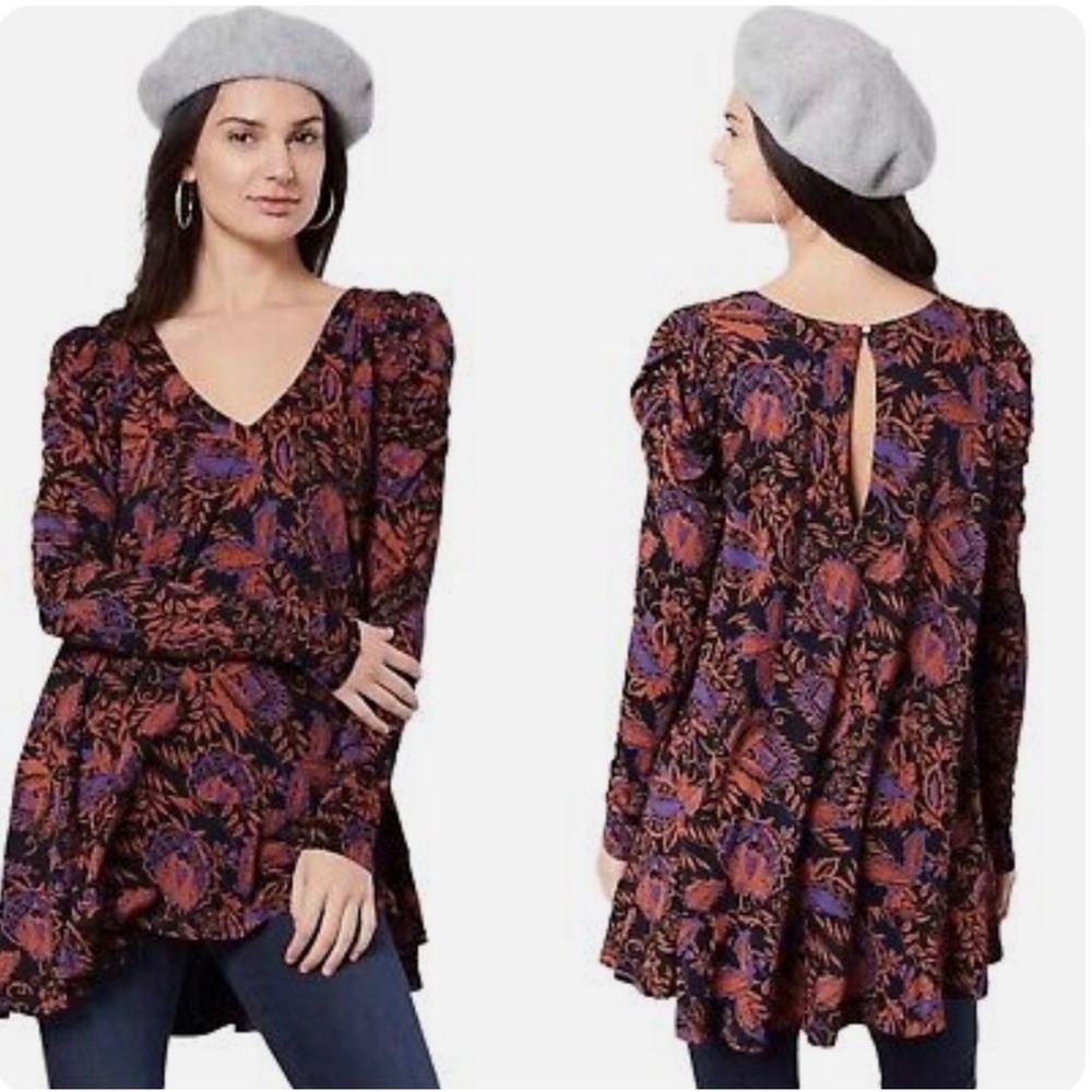 Free People Black& Orange Floral Boho Dress Top Long Sleeve Keyhole‎ Back Small